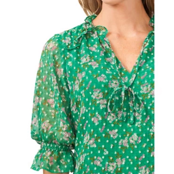 CeCe Women's Split Neck Printed Clip Dot Blouse XL Green - Picture 3 of 6